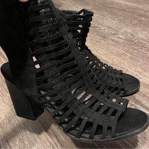 Black lace style block heels